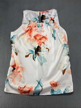 White House Black Market Floral Sleeveless Shell in White, Coral & Teal